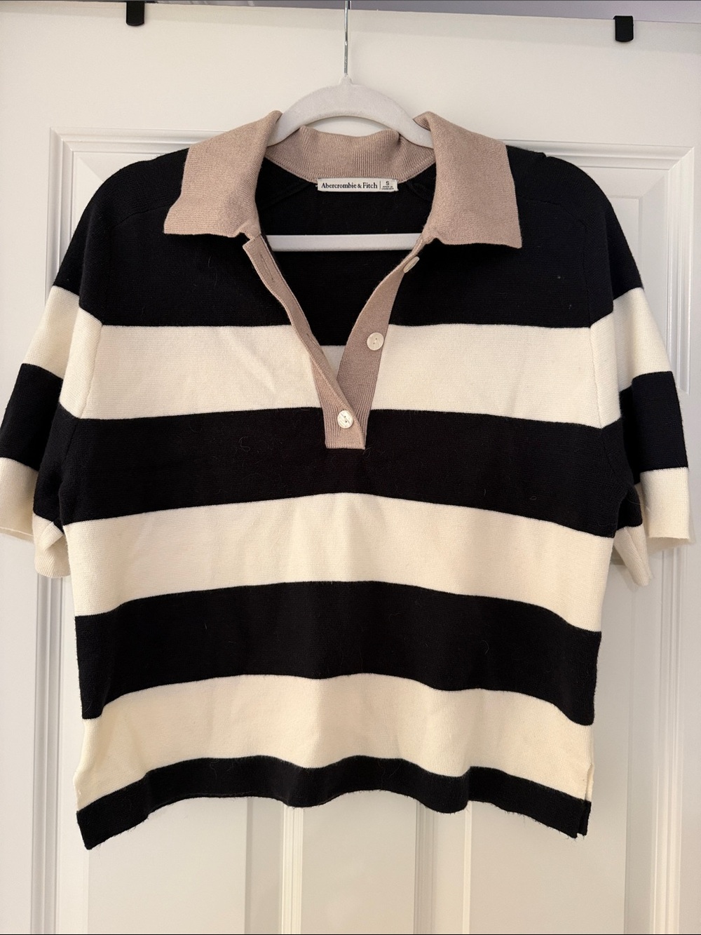 Abercrombie & Fitch oversized Striped Polo Top in Black, Cream & Taupe